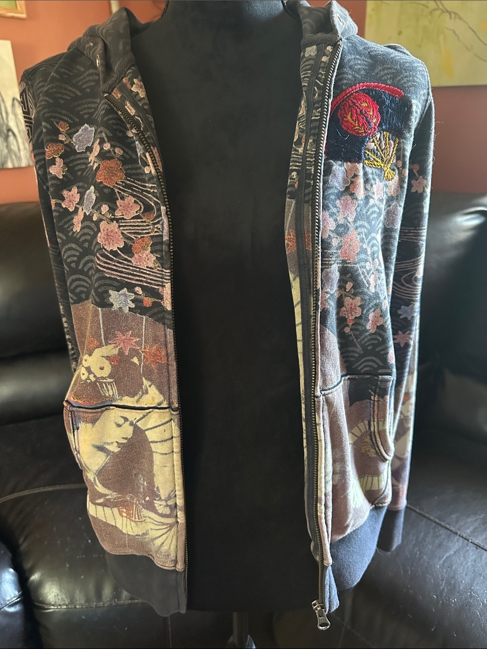 Lucky Brand Dark Gray Floral Graphic Zip-Up Hoodie Jacket